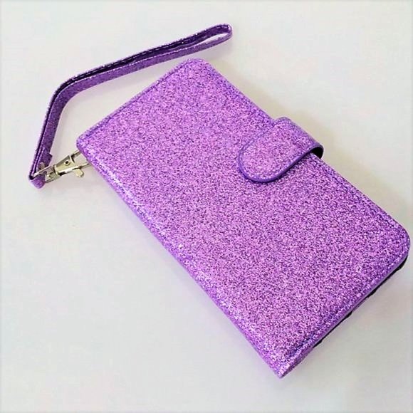 PHONE 11 6.1" GILTTER PURPLE FLIP WALLET WRIST STRAP CARD HOLDER - Picture 9 of 16